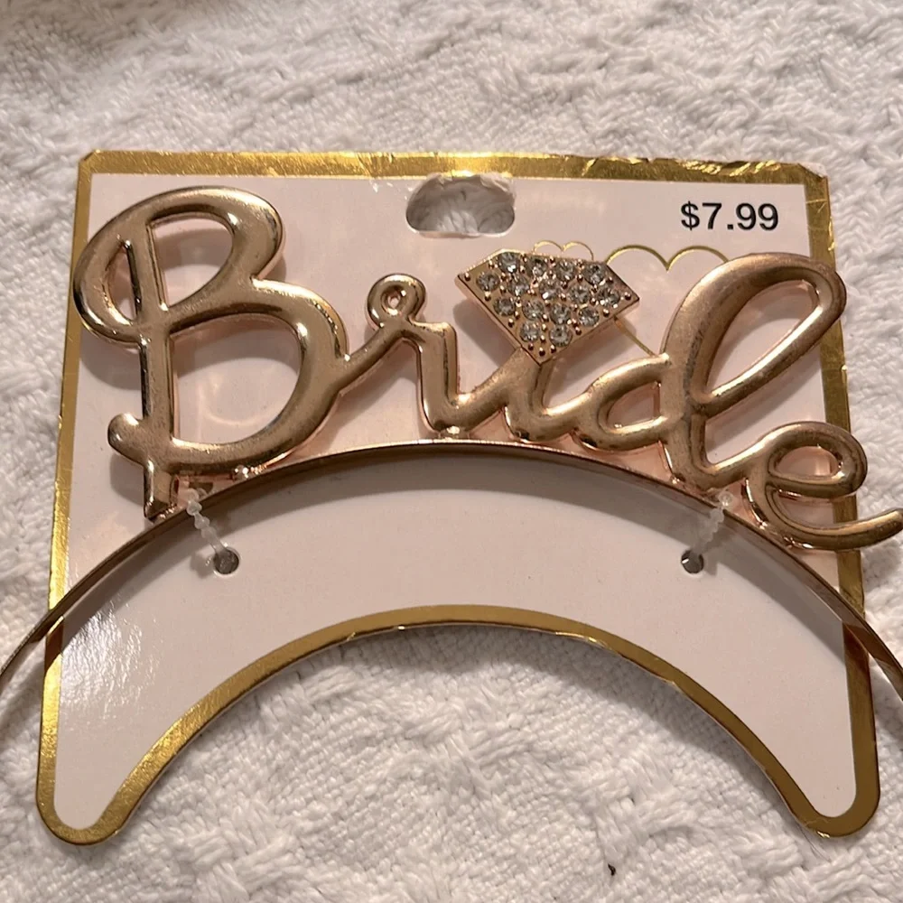 NWT 2-PC set of bride bling: gold rhinestone headband & dangling BRIDE earrings